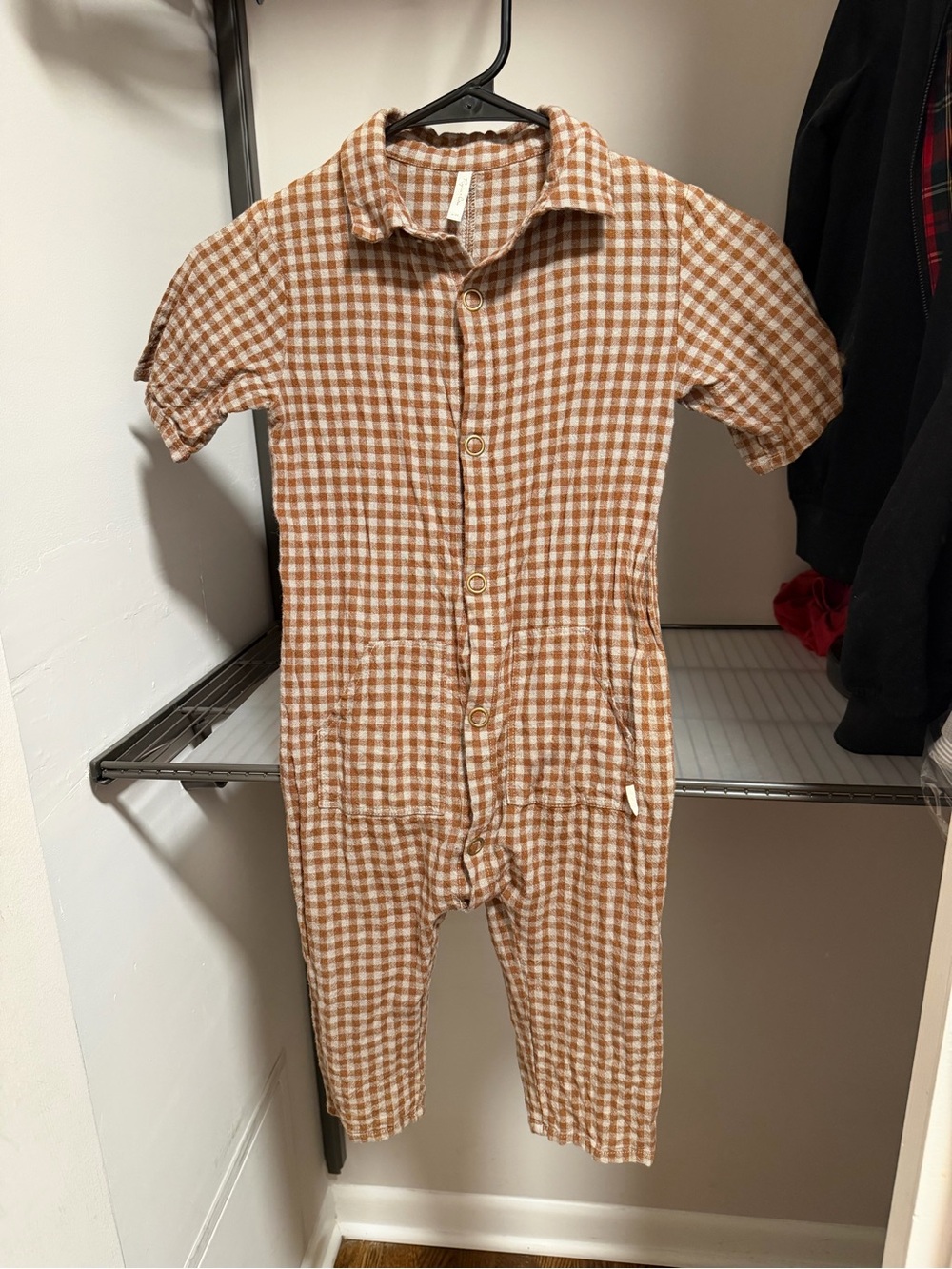 Rylee + Cru Brown and White Gingham Button-Front One-Piece